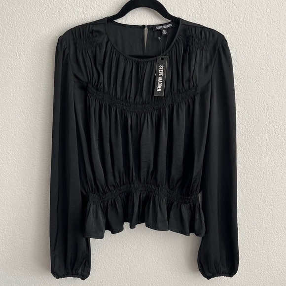 Steve Madden Pyper Washed-Satin Shirred-Yoke Peplum Top NWT - Picture 2 of 4